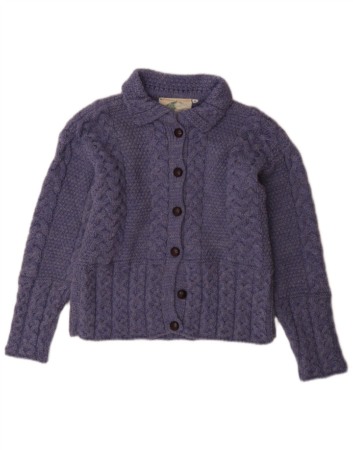 Suéter cardigã feminino DONEGAL Reino Unido 10 pequeno azul lã nova