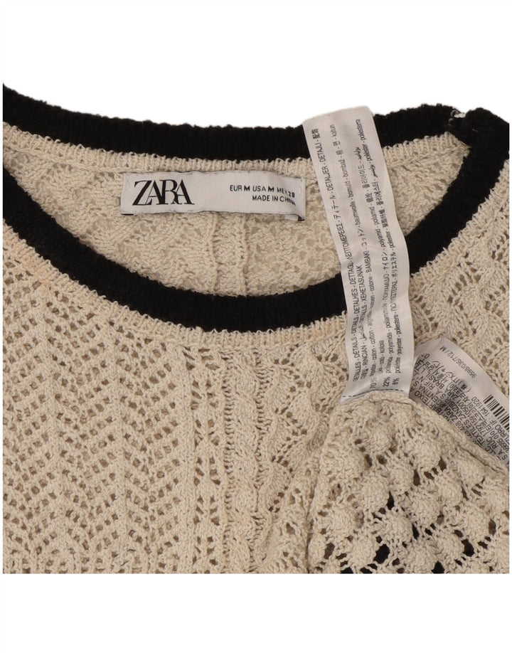Zara blusa feminina de malha cortada top Reino Unido 12 algodão bege médio