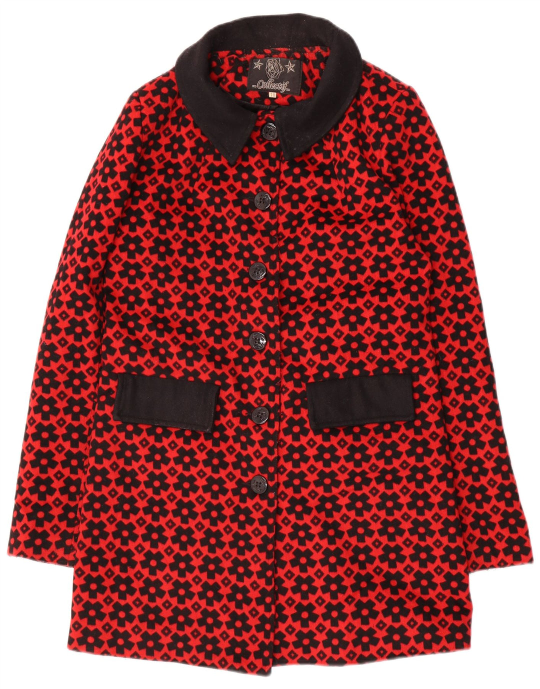 Sobretudo feminino com padrão abstrato Collectif UK 10 poliéster vermelho pequeno