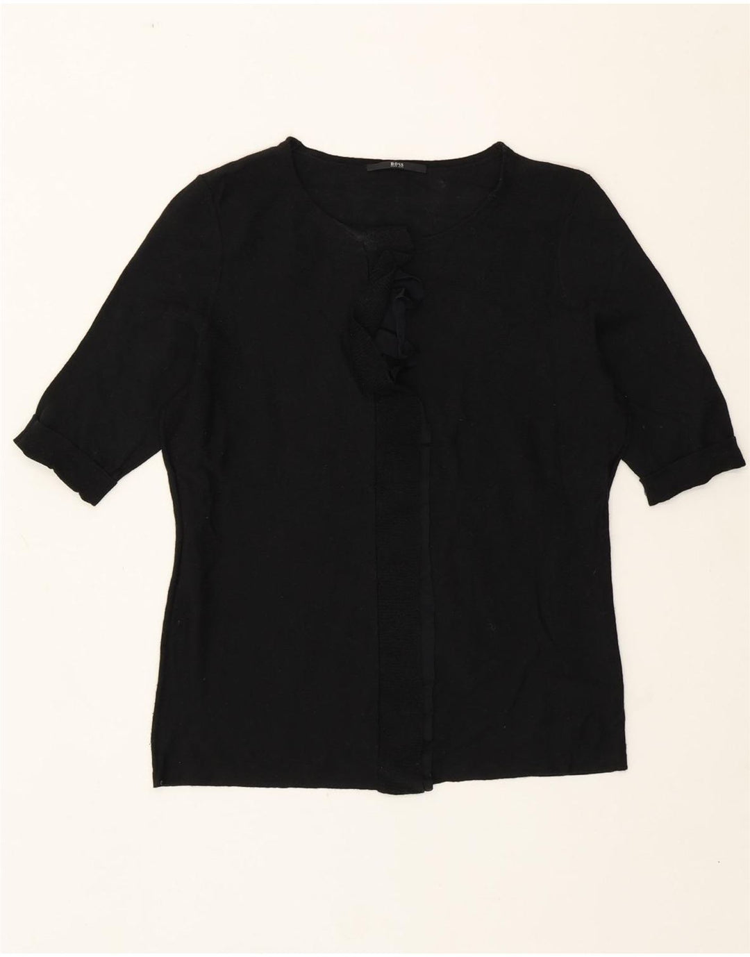 Suéter feminino Hugo Boss com babados na frente e gola redonda Reino Unido 8 pequeno preto