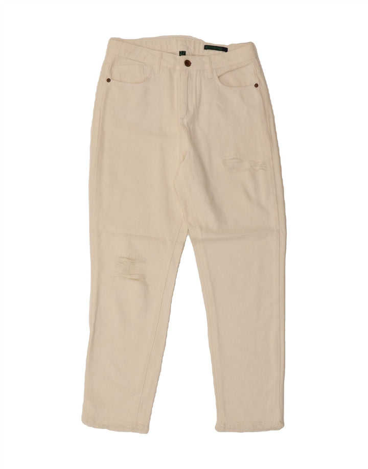 BENETTON Womens Crop Distressed Tapered Jeans W27 L26 Off White Cotton Vintage Benetton and Second-Hand Benetton from Messina Hembry 