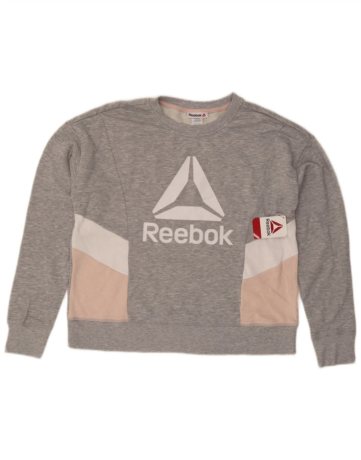 Reebok feminino gráfico moletom jumper UK 14 cinza médio colorblock