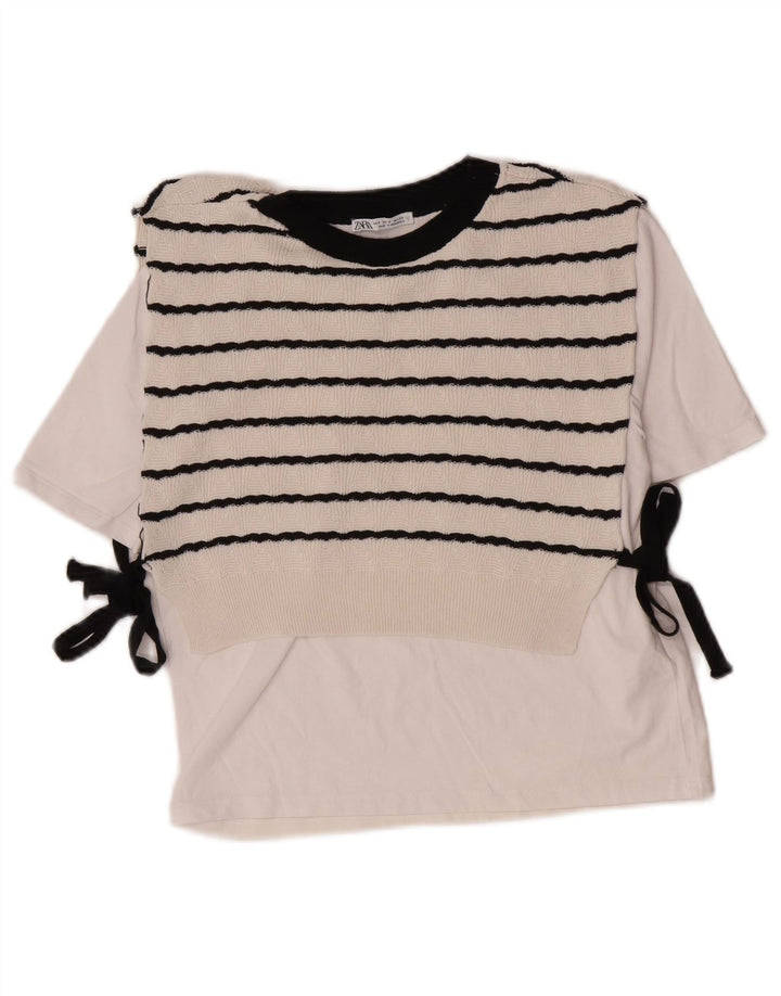 Blusa feminina Zara Top UK 10 pequeno algodão listrado branco