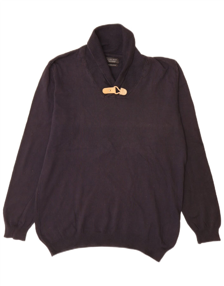 Zara Suéter masculino com gola xale e algodão azul marinho médio