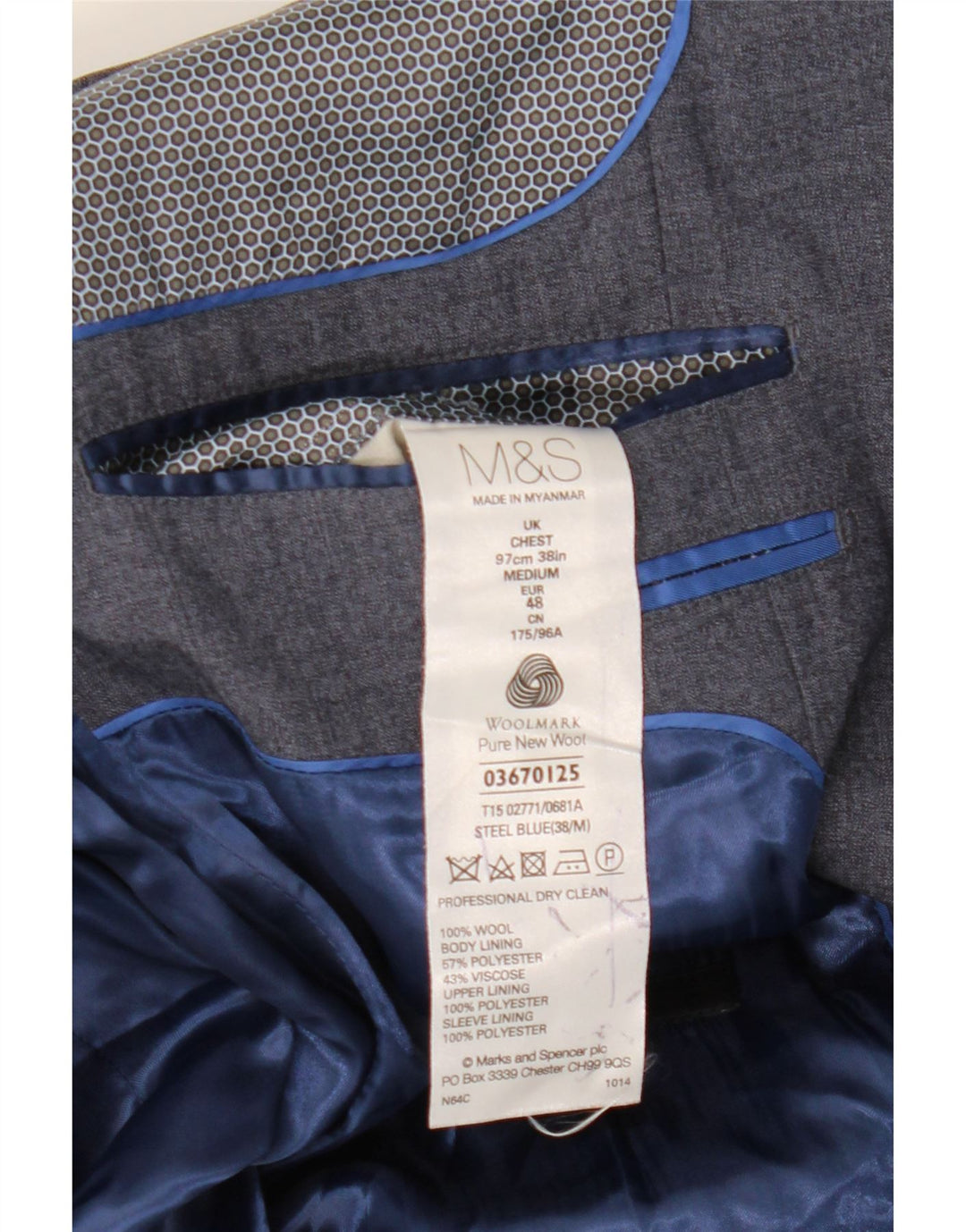 Jaqueta blazer masculina de 1 botão Marks & Spencer Reino Unido 38 lã azul médio