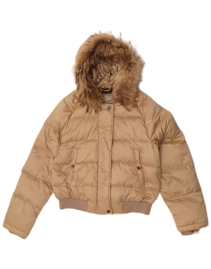 Jaqueta acolchoada com capuz feminina Geox UK 10 pequena poliamida bege