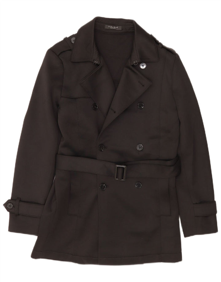 Zara Mens Trench Coat UK 38 Médio Preto Poliéster