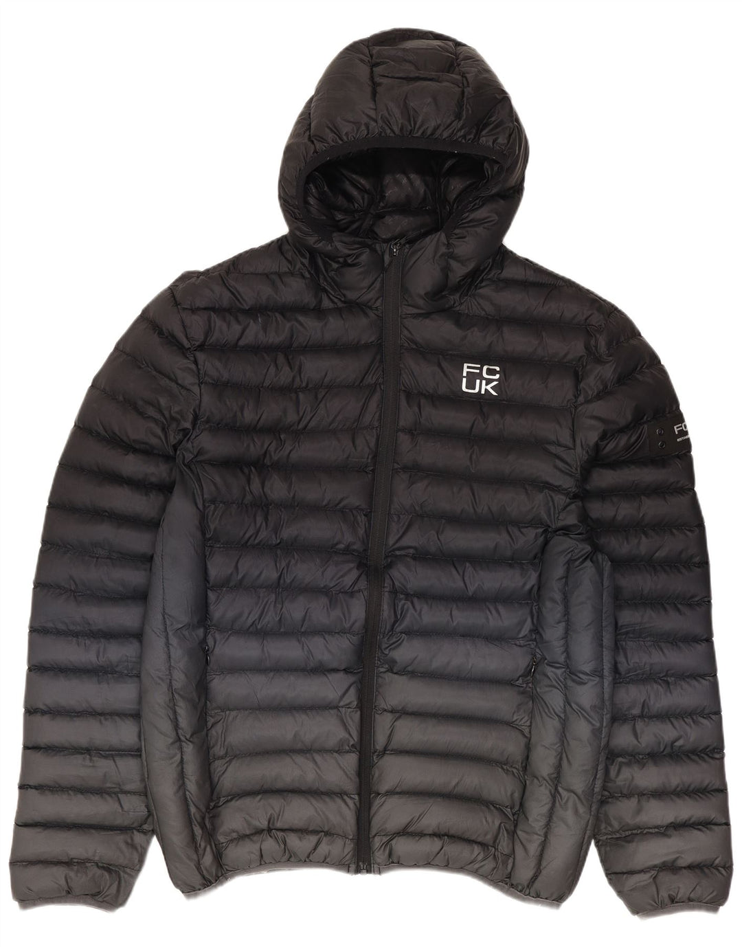 Jaqueta masculina acolchoada com capuz Fcuk UK 38 poliéster colorblock preto médio