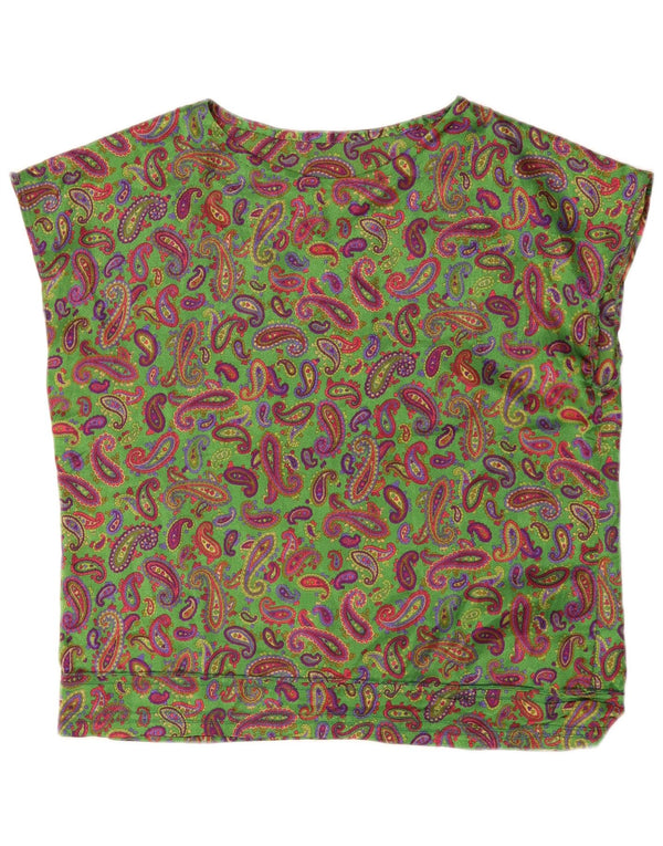 Blusa feminina vintage sem mangas UK 16 grande verde Paisley