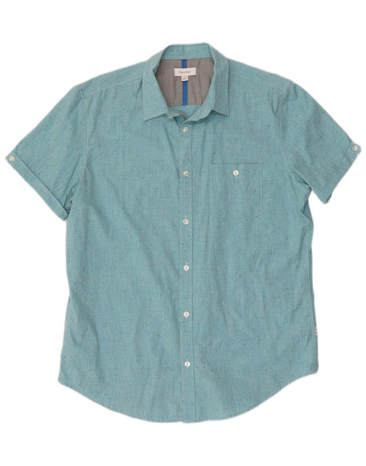 Camisa masculina de manga curta CALVIN KLEIN algodão manchado azul médio