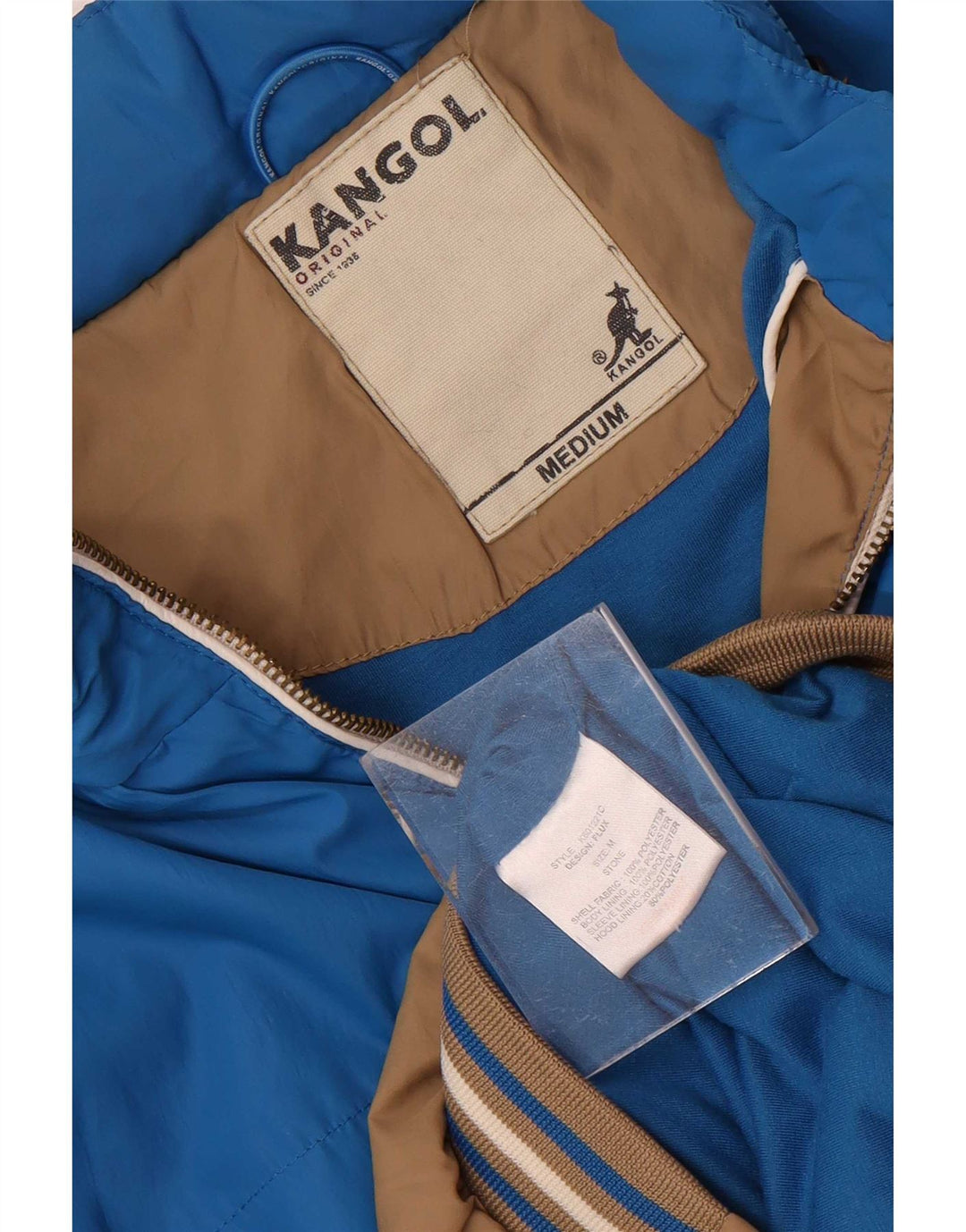 Jaqueta bomber masculina Kangol com capuz Reino Unido 38 poliéster colorblock marrom médio