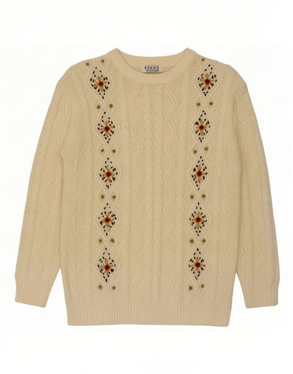 Suéter feminino Avant Garde com gola canoa UK 14 médio off white floral