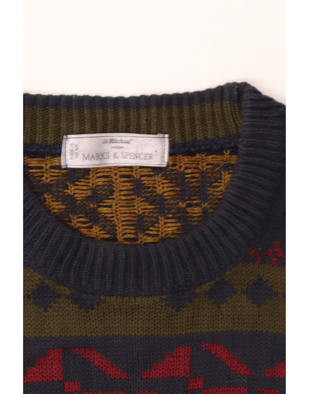 Suéter masculino Marks & Spencer com gola redonda, grande geométrico multicolorido