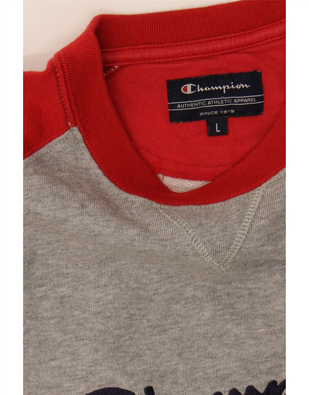 CHAMPION Mens Graphic Sweatshirt Jumper Large Grey Colourblock Cotton Vintage Champion and Second-Hand Champion from Messina Hembry 