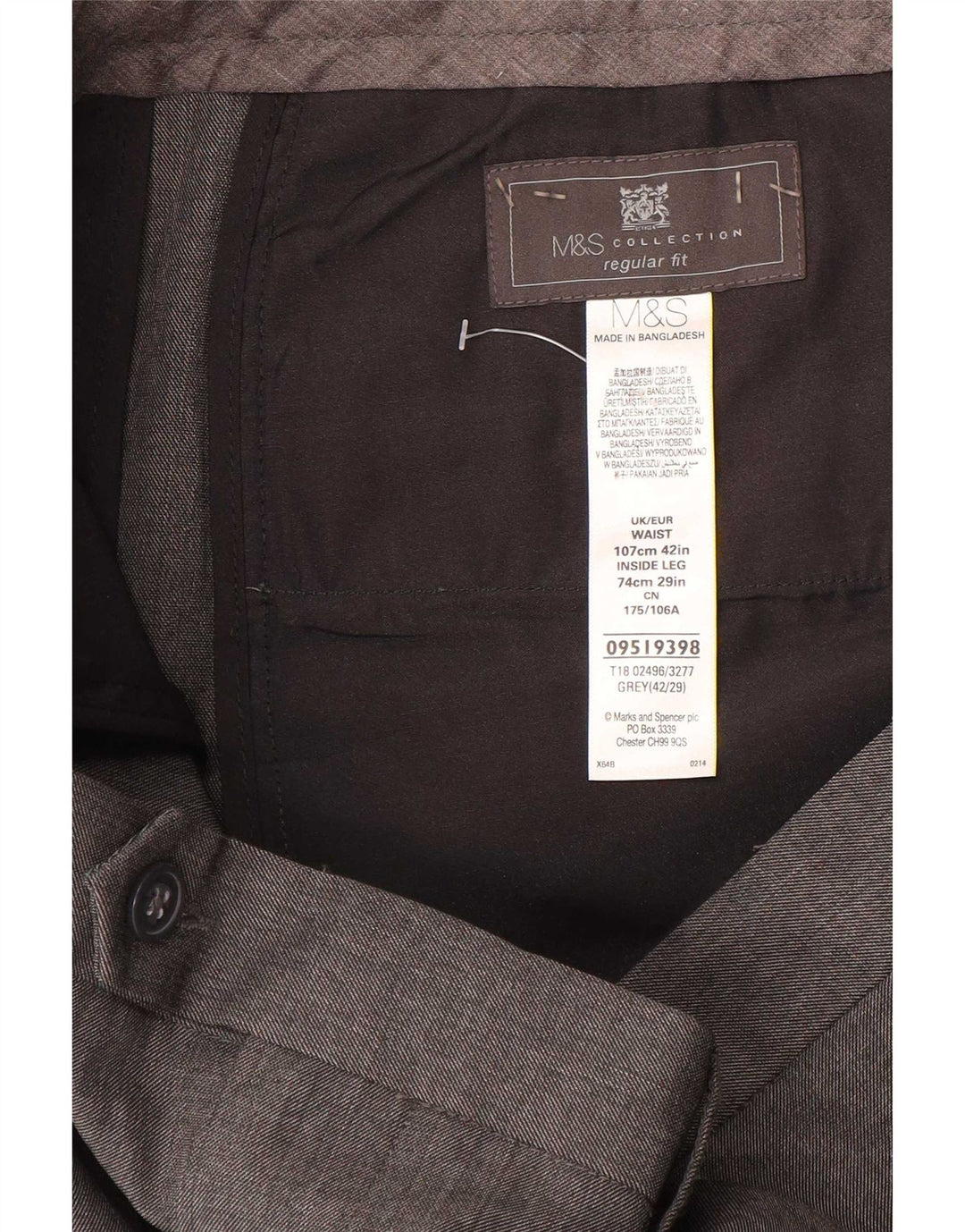 Calça masculina de ajuste regular Marks & Spencer W42 L29 poliéster cinza
