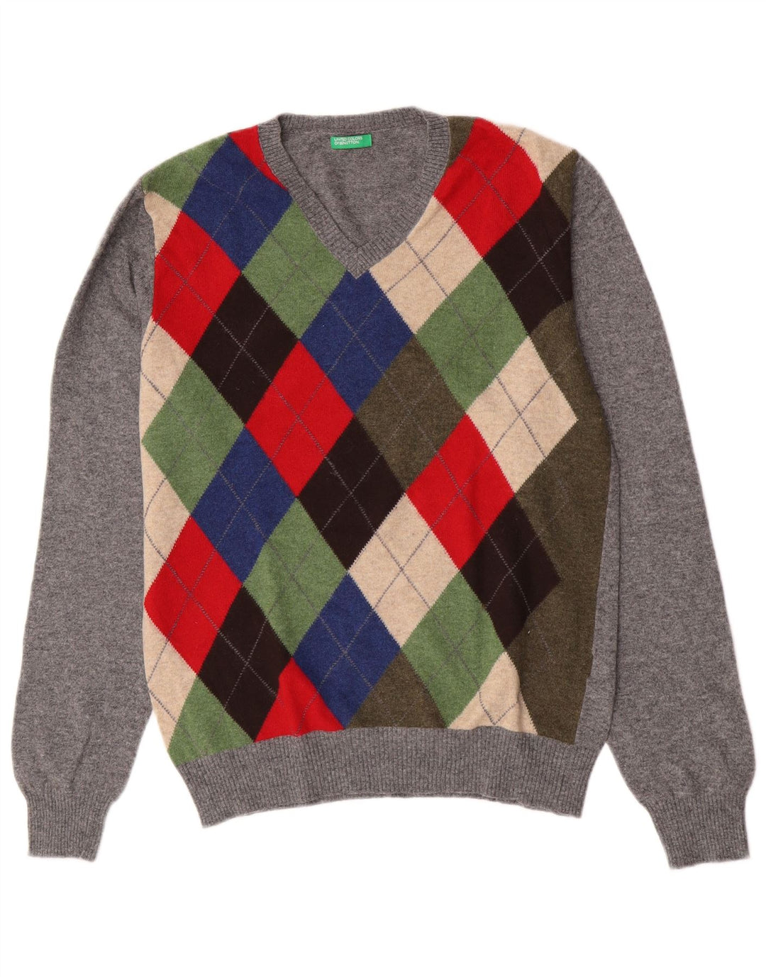 Suéter masculino Benetton com decote em V cinza médio Argyle/lã diamante