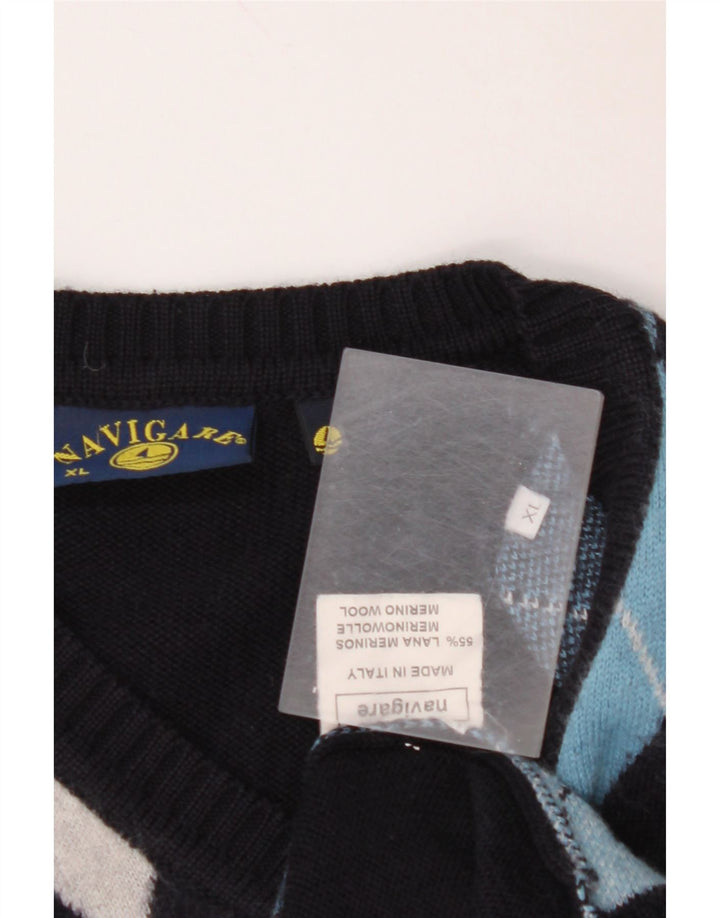 Suéter masculino NAVIGARE com decote em V XL azul marinho Argyle/Diamante