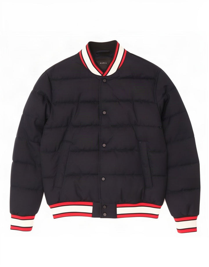 Jaqueta acolchoada masculina Zara UK 38 poliéster colorblock azul marinho médio
