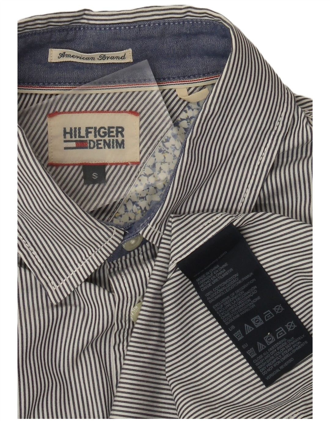 Camisa masculina Tommy Hilfiger pequena listrada azul marinho de algodão