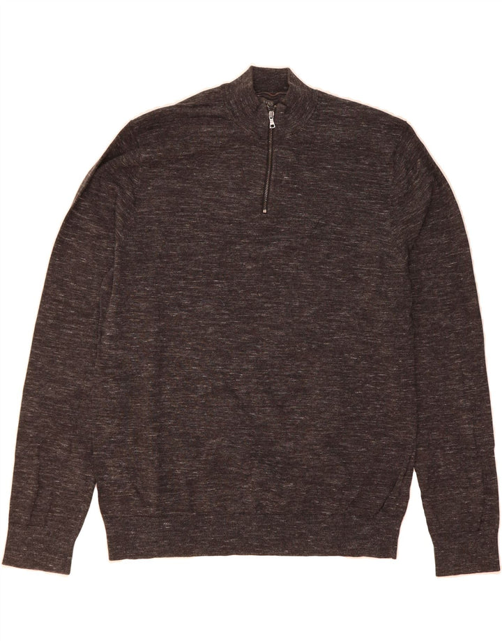 MARKS & SPENCER Mens Zip Neck Jumper Sweater Large Grey Flecked Cotton Vintage Marks & Spencer and Second-Hand Marks & Spencer from Messina Hembry 