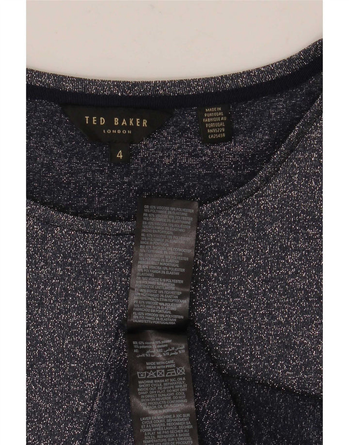 Camiseta feminina Ted Baker tamanho superior 4 grande viscose manchada azul marinho