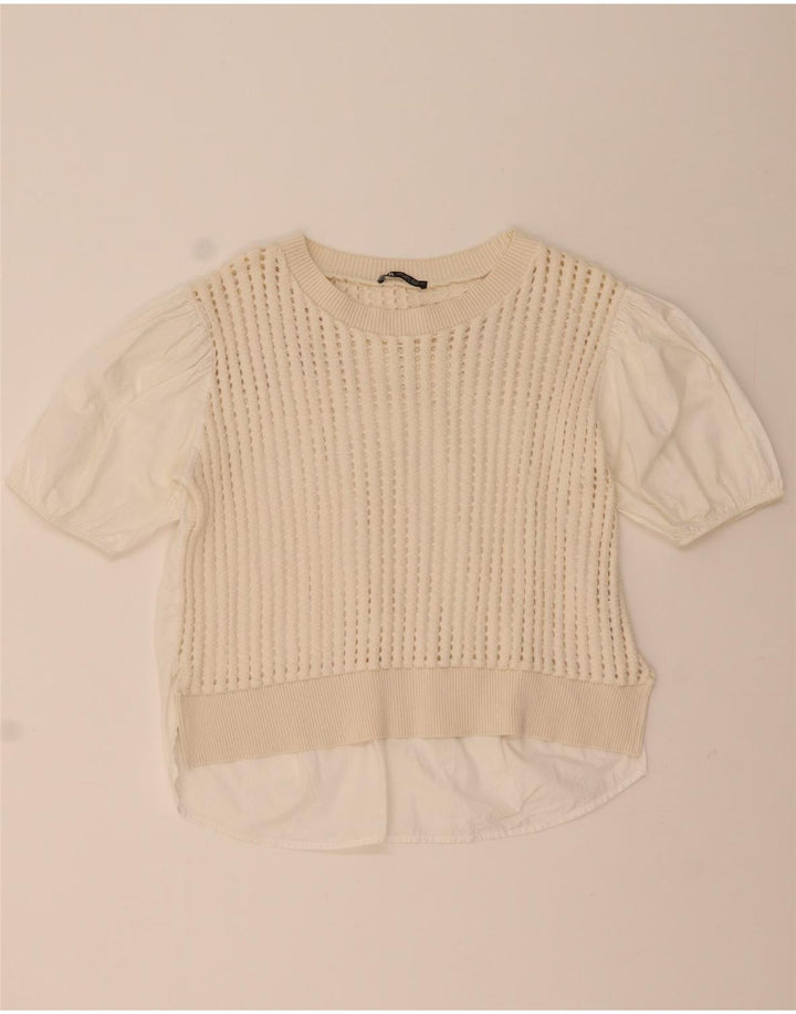 Blusa feminina de crochê Zara Top UK 14 algodão branco médio