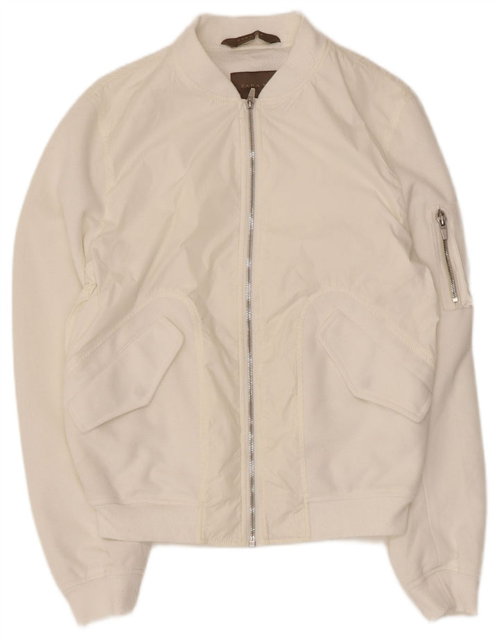 Zara Mens Bomber Jacket UK 38 Médio Branco Nylon