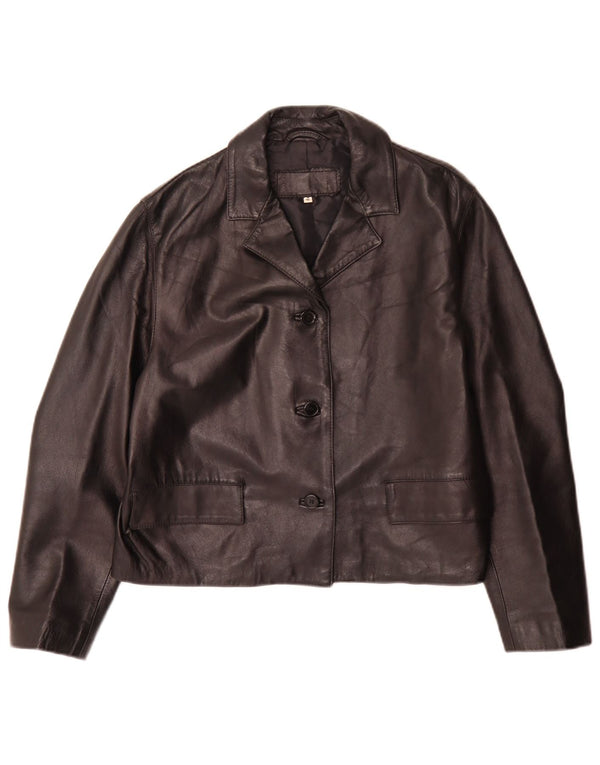 Jaqueta blazer de couro vintage feminina grande com 3 botões Reino Unido 10 pequena preta
