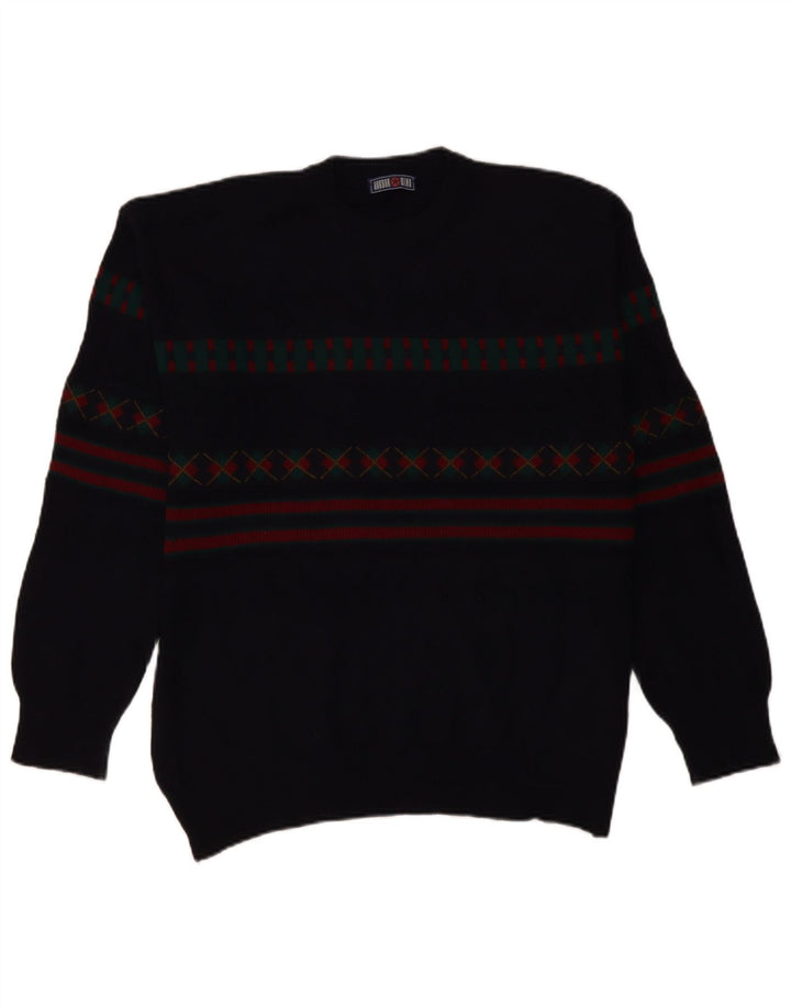 Suéter masculino VINTAGE com gola tartaruga IT 50 grande azul marinho geométrico