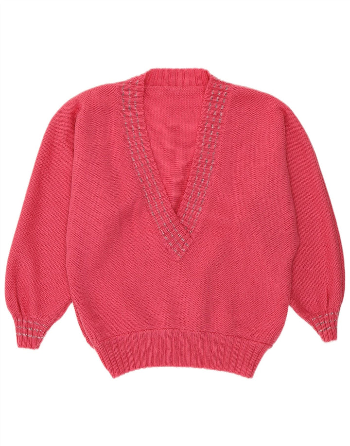 Suéter feminino VINTAGE com decote em V UK 14 rosa médio