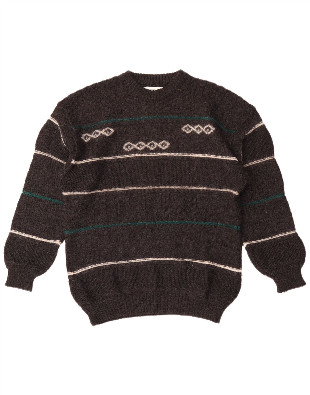 Suéter vintage masculino com gola redonda, lã listrada cinza médio