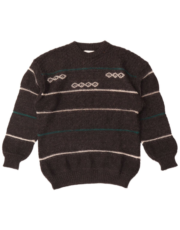Suéter vintage masculino com gola redonda, lã listrada cinza médio