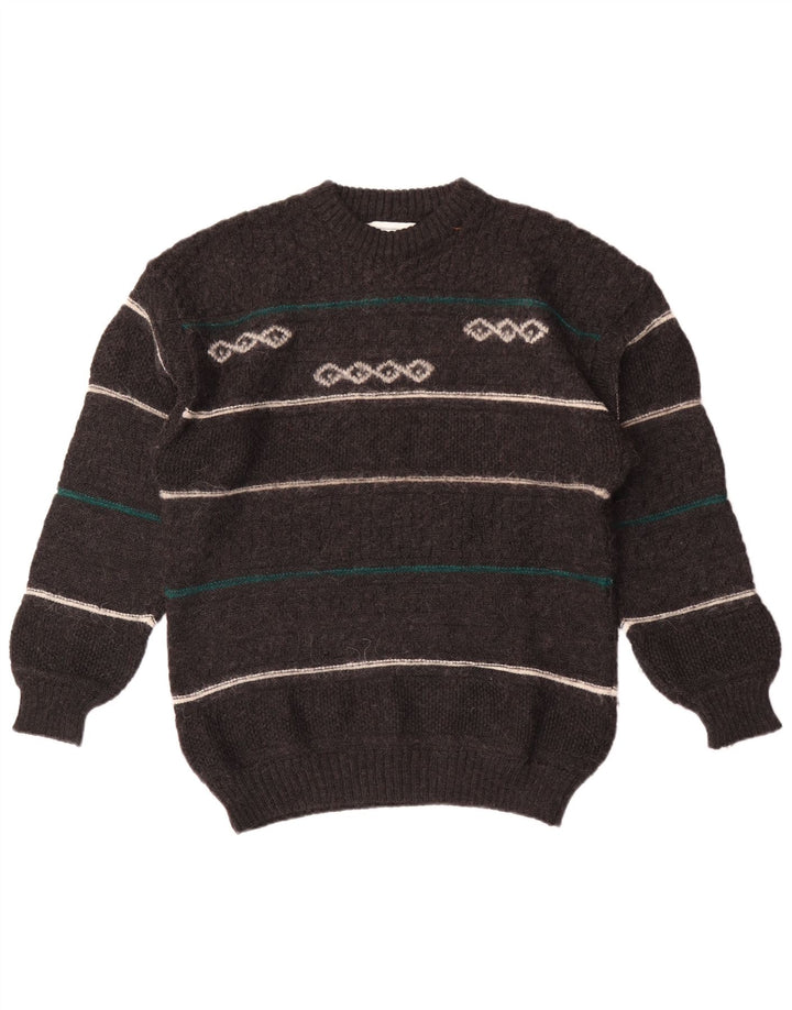 Suéter vintage masculino com gola redonda, lã listrada cinza médio