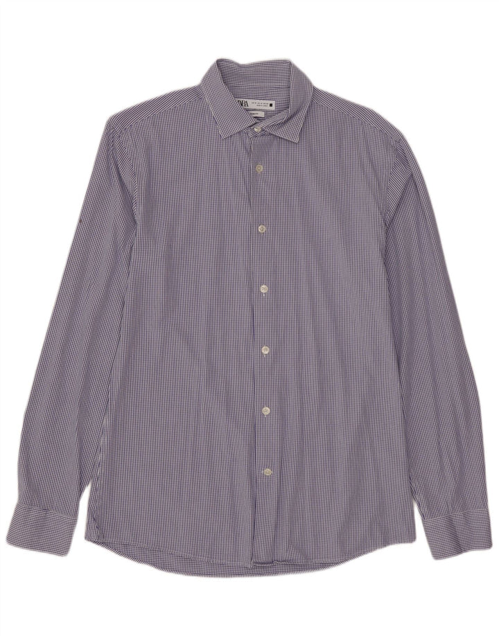 Camisa masculina ZARA Slim Fit de algodão xadrez azul médio