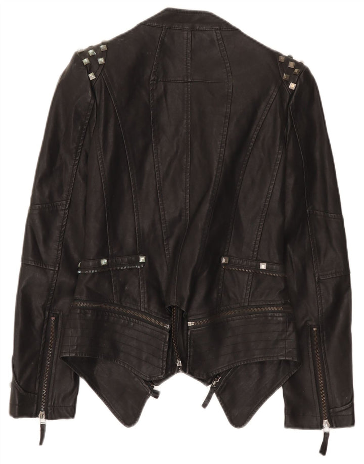 Jaqueta feminina vintage de couro para motociclista UK 10 pequena preta