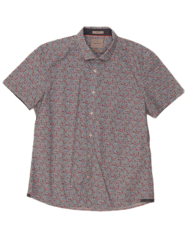 White Stuff Mens Camisa de manga curta Slim Fit grande algodão floral azul