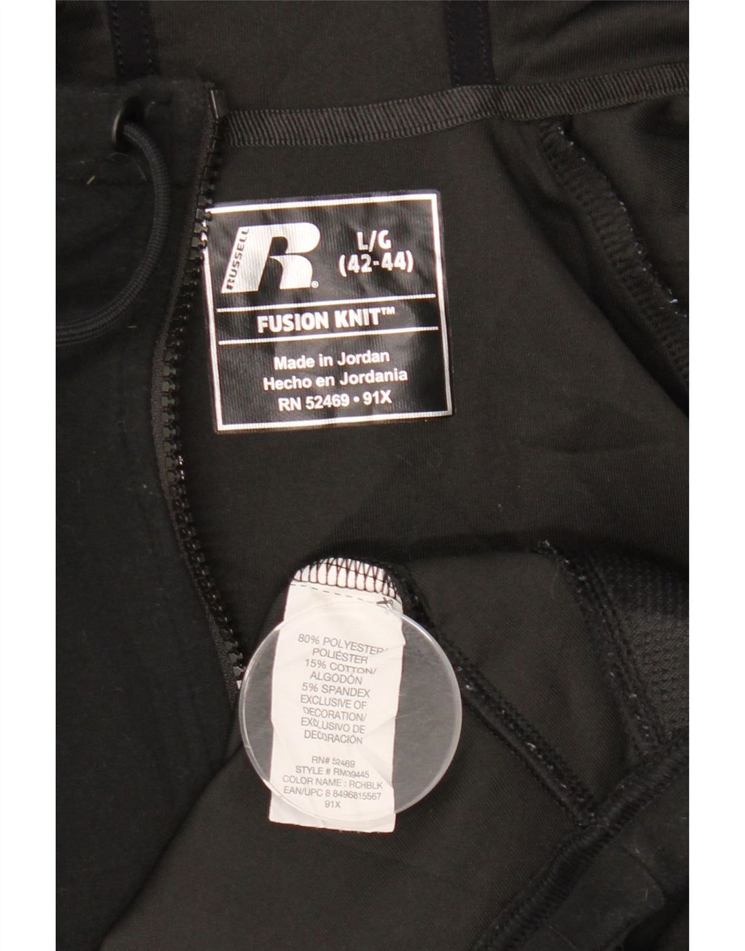 Suéter masculino com capuz e zíper RUSSELL ATLÉTICO Reino Unido 42/44 grande poliéster preto