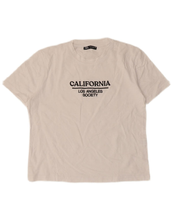 Zara Camiseta Feminina Crop Graphic Top UK 10 Pequeno Algodão Branco