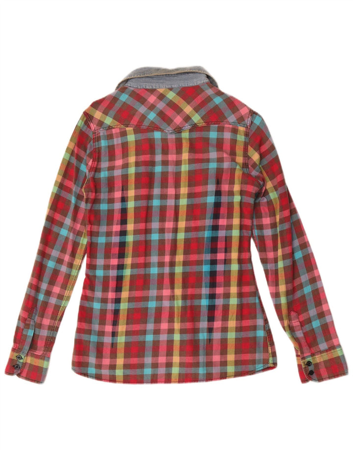Camisa de flanela feminina vintage Reino Unido 10 algodão xadrez pequeno multicolorido