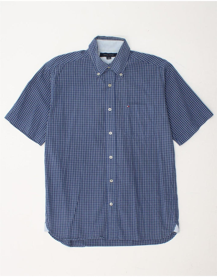 TOMMY HILFIGER Camisa masculina de manga curta pequena azul xadrez de algodão