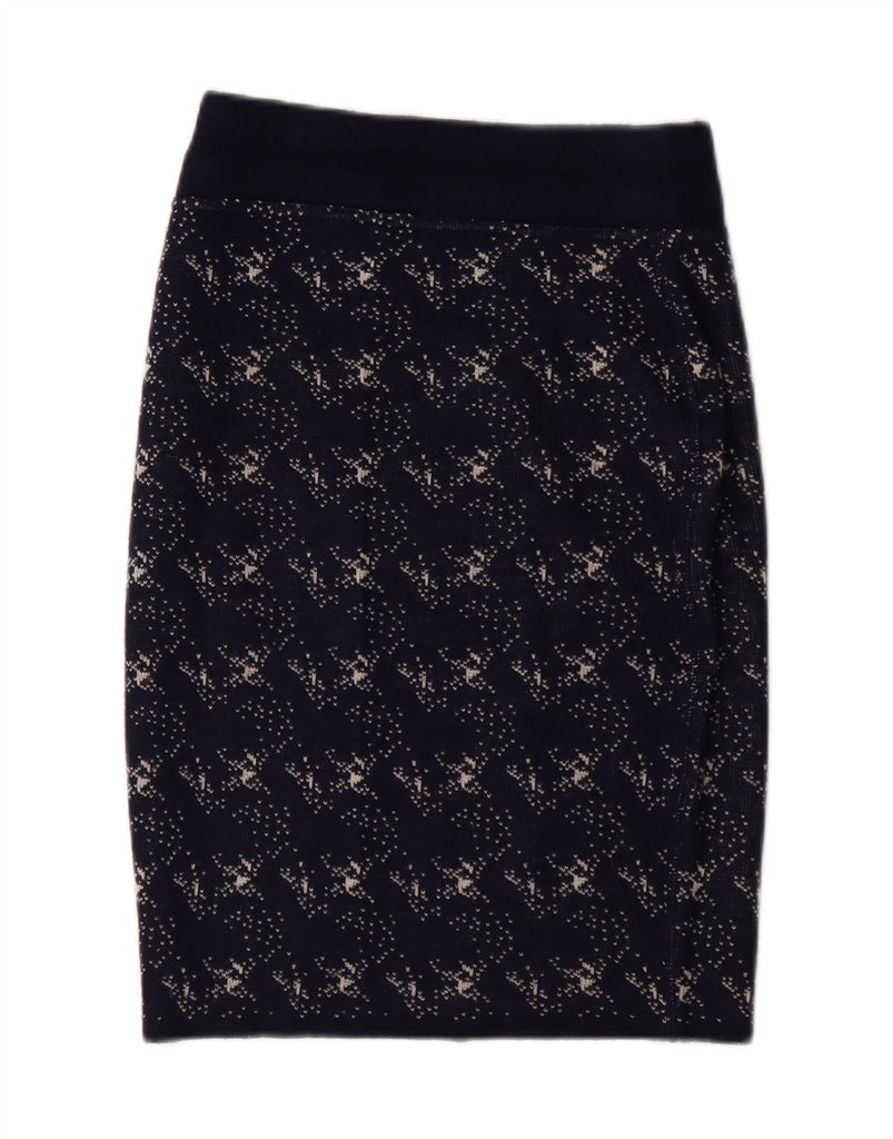 KOOKAI Womens Abstract Pattern Straight Skirt W24 XS Navy Blue Wool Vintage Kookai and Second-Hand Kookai from Messina Hembry 