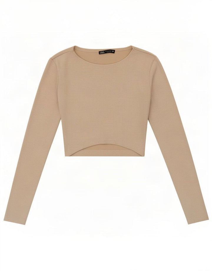 Zara Crop Top Feminino Manga Longa Reino Unido 8 Pequeno Poliéster Bege
