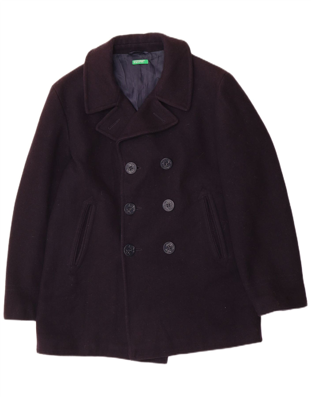 Benetton Masculino Pea Coat IT 48 Lã Azul Marinho Médio