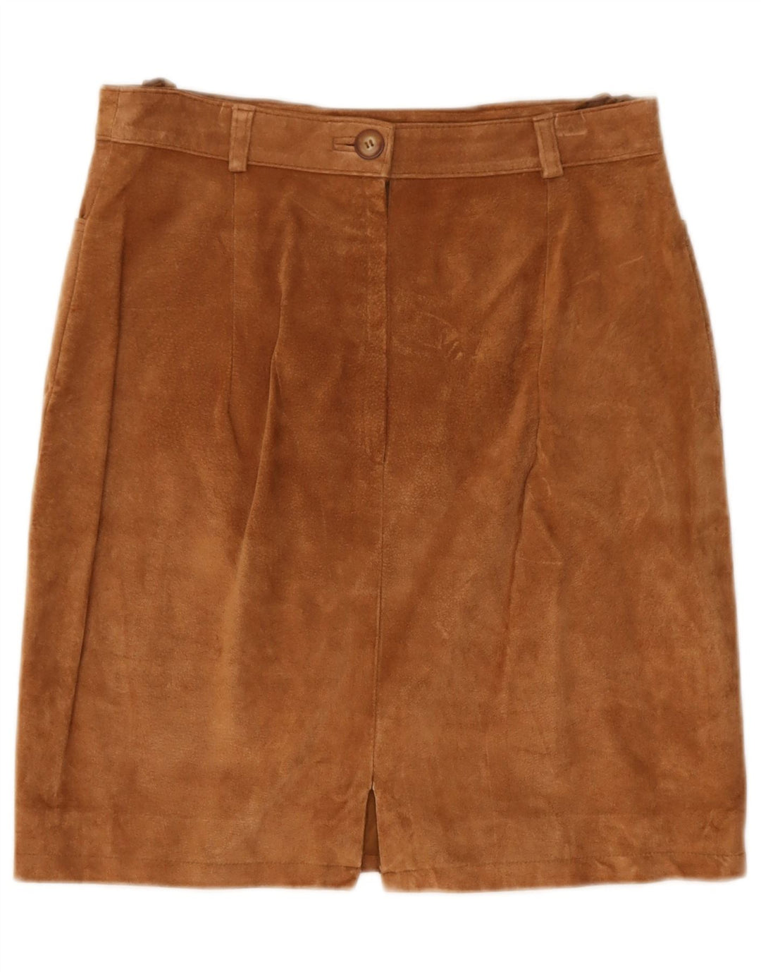 Saia feminina vintage de camurça Reino Unido 14 médio W29 couro marrom
