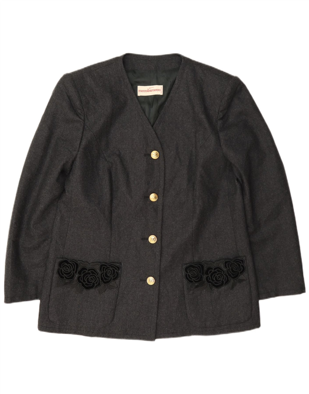 Jaqueta blazer feminina Roccobarocco com 4 botões Reino Unido 14 lã floral cinza médio