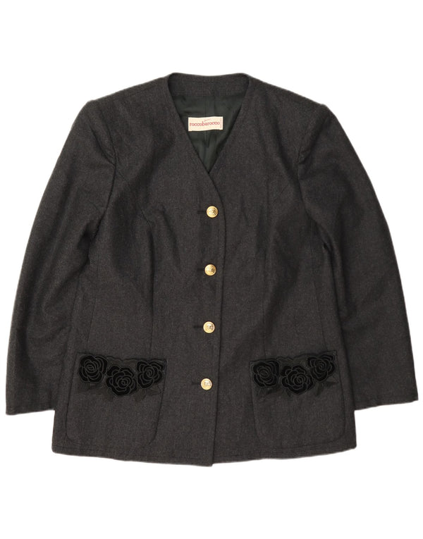 Jaqueta blazer feminina Roccobarocco com 4 botões Reino Unido 14 lã floral cinza médio