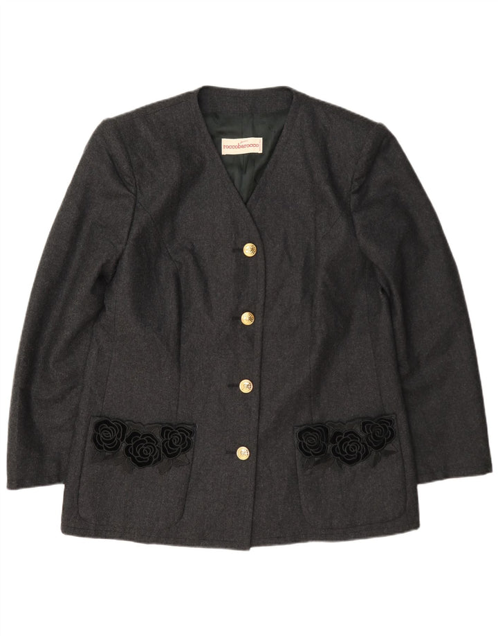 Jaqueta blazer feminina Roccobarocco com 4 botões Reino Unido 14 lã floral cinza médio