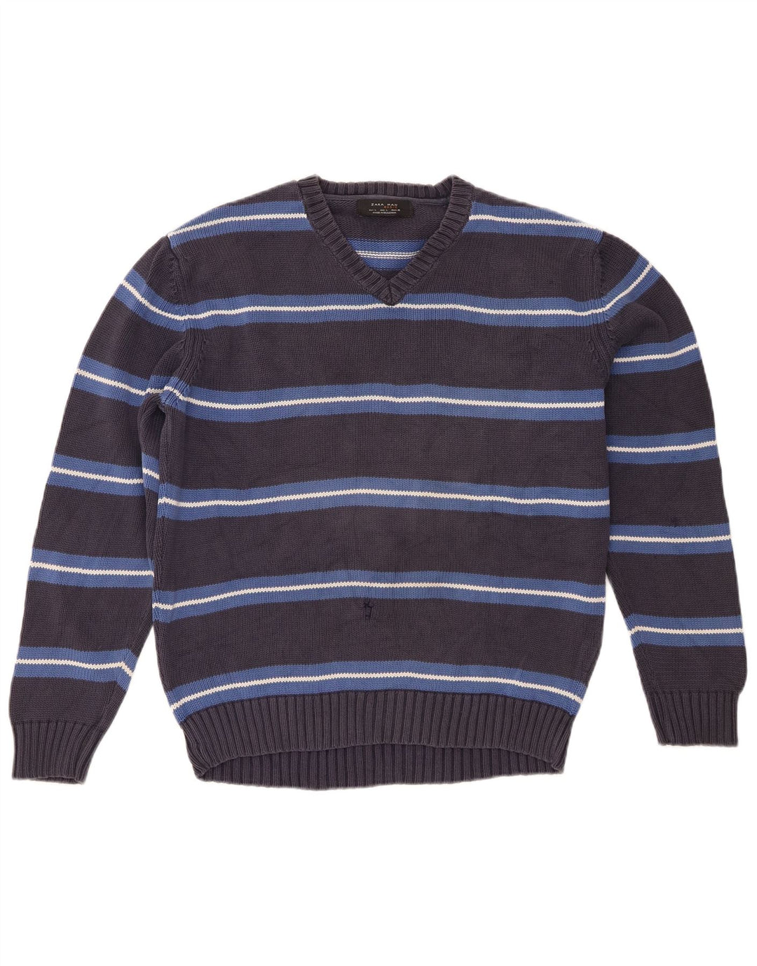 Suéter masculino Zara com decote em V grande listrado cinza