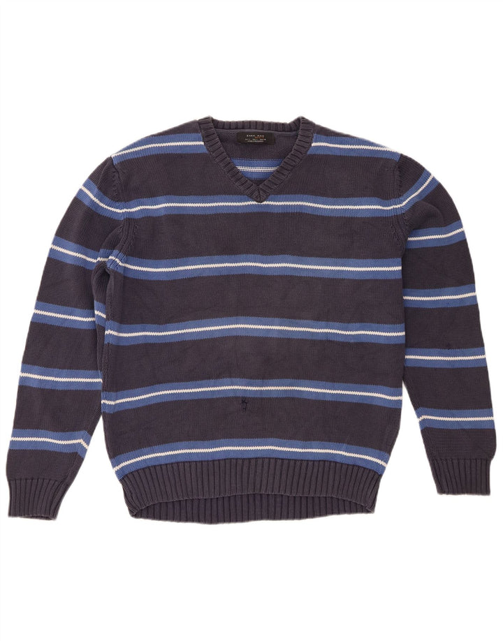 Suéter masculino Zara com decote em V grande listrado cinza