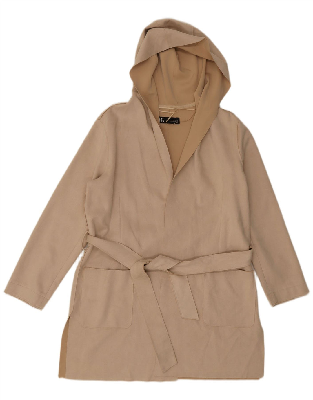Sobretudo feminino Zara com capuz UK 14 poliéster bege médio